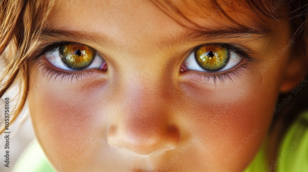 Naklejka premium A child's face, eyes blue and green, wears a green T-shirt in this close-up