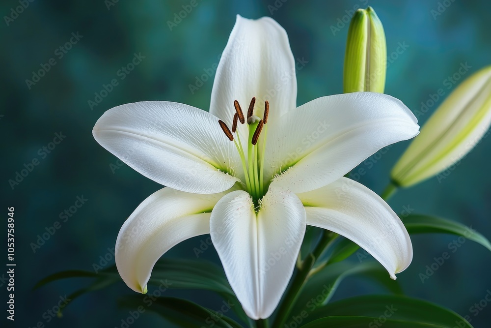 Fototapeta premium White lily flower blooming in a garden close up