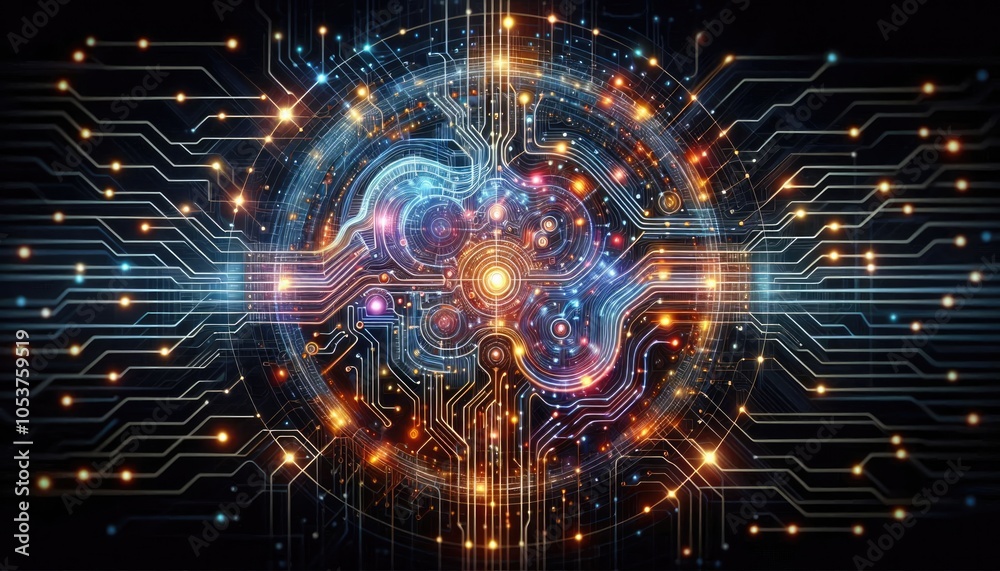 Fototapeta premium High-Resolution Digital Illustration of Machine Learning with Abstract Neural Networks, Interconnected Circuits, and Algorithmic Data Paths in a Futuristic Style
