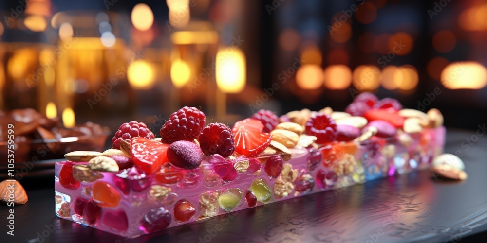 A colorful, transparent dessert layered with raspberries, strawberries, nuts and encased in a pink candy-like shell. A colorful, transparent dessert layered with raspberries, strawberries, nuts and encased in a pink candy-like shell.