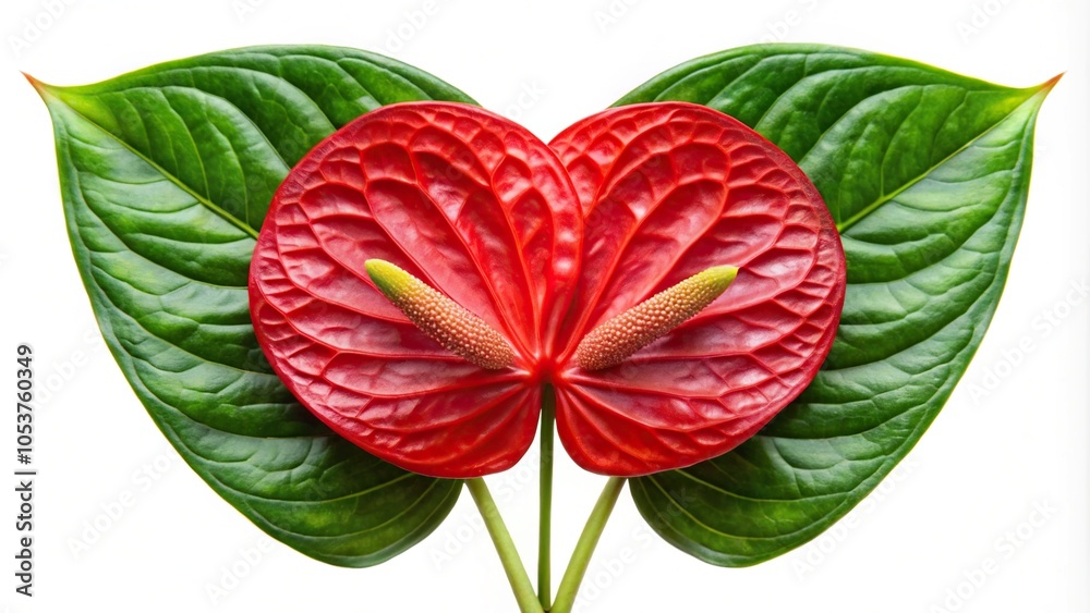 Obraz premium Red anthurium flower and leaves on white background