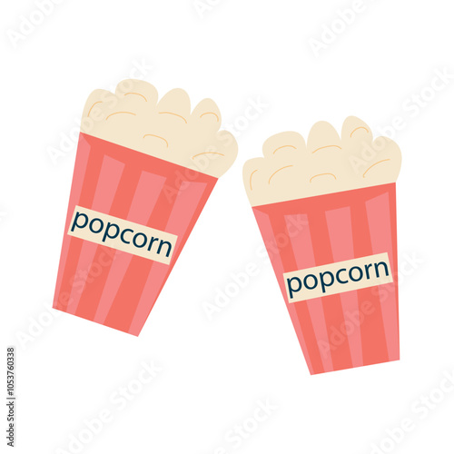 Flat style popcorn box. Popcorn is a staple snack for watching a film. Isolated on a white background. Vector image