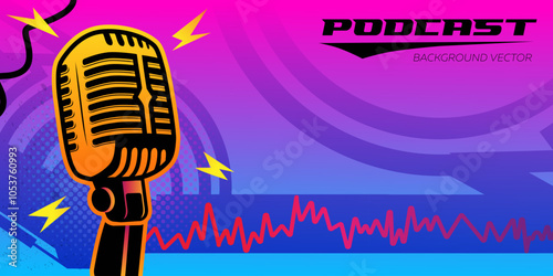 Colorful vibrant podcast background illustration with Studio Microphone. Online radio. Broadcast recording.