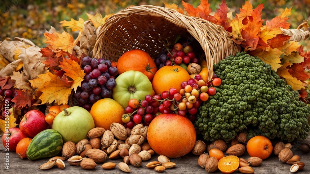 Harvest Cornucopia, symbol of abundance, usually a horn-shaped basket filled with fruits, vegetables and nuts Harvest Cornucopia, symbol of abundance, usually a horn-shaped basket filled with fruits, vegetables and nuts