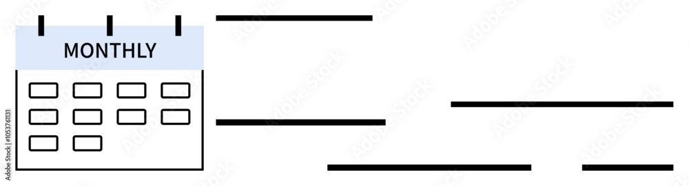 Calendar labeled Monthly with six blank squares and horizontal lines for notes or tasks. Ideal for scheduling, planning, organization, time management, business, personal use, educational purposes Calendar labeled Monthly with six blank squares and horizontal lines for notes or tasks. Ideal for scheduling, planning, organization, time management, business, personal use, educational purposes