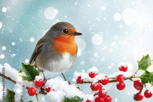 A bird is perched on a branch covered in snow and berries. Concept of tranquility and peacefulness, as the bird is surrounded by nature in the winter season. The combination of the bird's presence