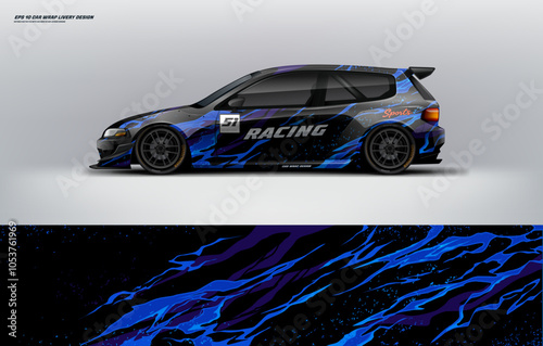 Racing Car branding with racing wrap decal or livery design. Abstract racing graphic black monster blue with backround. Editable vector templates