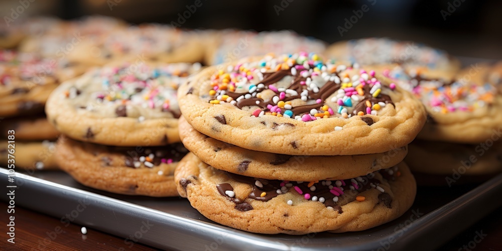 A stack of freshly baked chocolate chip cookies drizzled with chocolate and covered in colorful sprinkles, displayed on a silver baking sheet. A stack of freshly baked chocolate chip cookies drizzled with chocolate and covered in colorful sprinkles, displayed on a silver baking sheet.