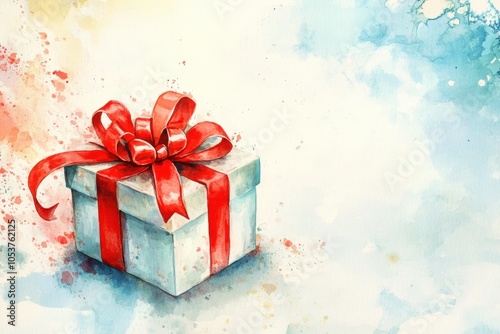 Festive Watercolor Open Present Box with Red Ribbon on Pastel Background for Holiday Designs