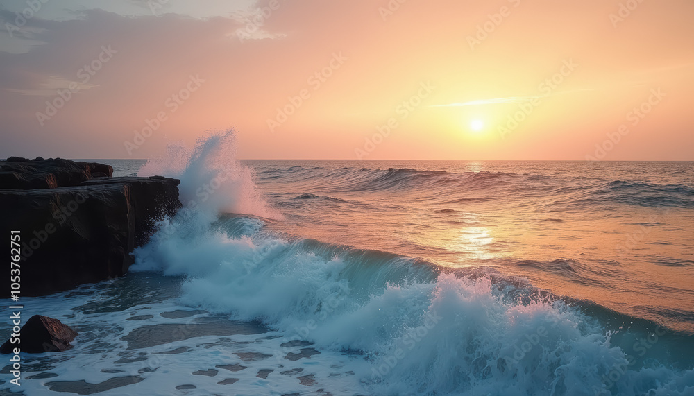 Fototapeta premium Sunrise over the Ocean with Dynamic Waves