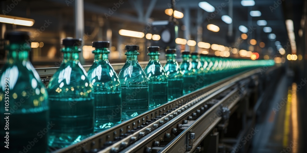 A line of green bottles moves along a conveyor belt, representing the efficient flow of industrial production. A line of green bottles moves along a conveyor belt, representing the efficient flow of industrial production.