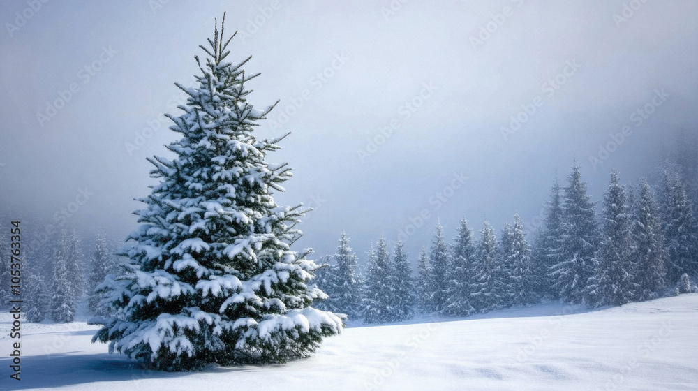 Naklejka premium A snow covered pine tree stands alone in a snowy field. Concept of solitude and tranquility, as the lone tree stands tall and proud amidst the white landscape