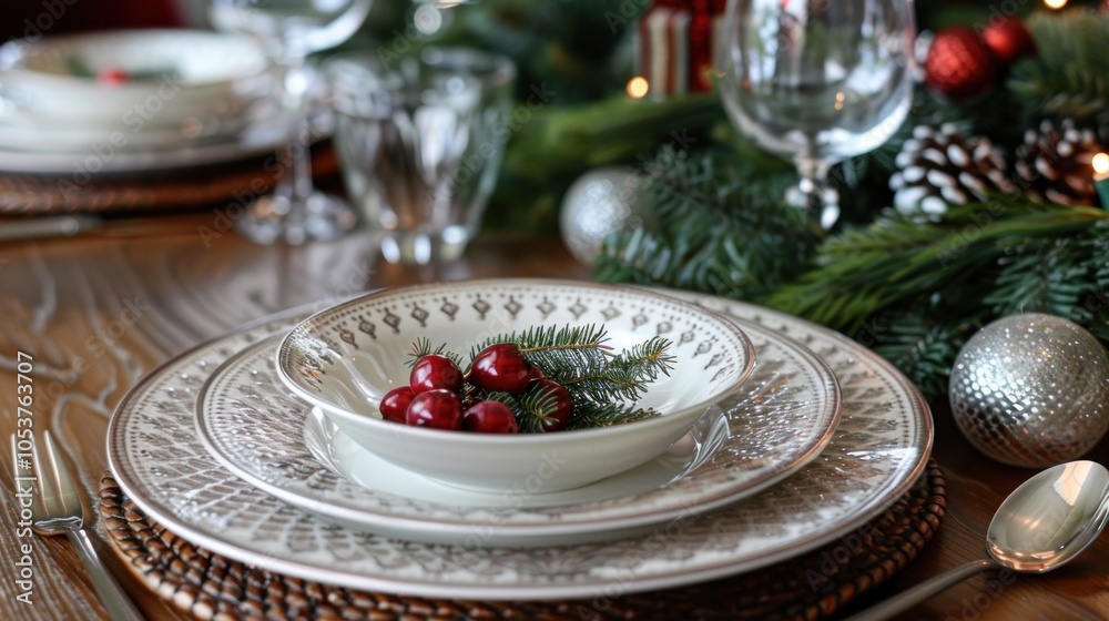 A close-up of a beautifully set table with a white bowl, ornate plates, a silver fork, and a sprig of greenery with red berries on top. The table is decorated with a festive Christmas garland 