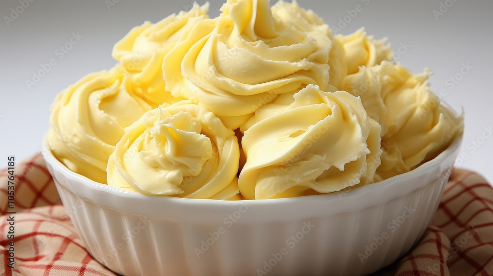 A close-up view of whipped butter in a white bowl, showcasing its creamy texture and delicate swirls, resting on a red and white checkered tablecloth A close-up view of whipped butter in a white bowl, showcasing its creamy texture and delicate swirls, resting on a red and white checkered tablecloth