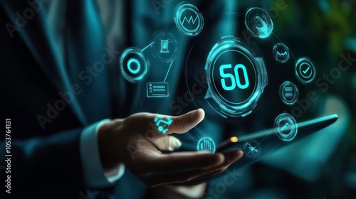 A businessman holding a tablet with a digital countdown timer of 50 seconds, surrounded by icons representing various functions and tasks.