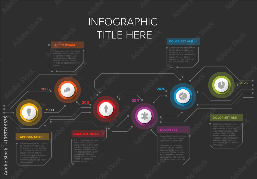 Colorful Circular Infographic Design Timeline Template with six elements icons and years on dark background