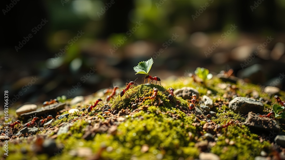 Ants Gathering Around a Green Leaf on Mossy Ground Ants Gathering Around a Green Leaf on Mossy Ground
