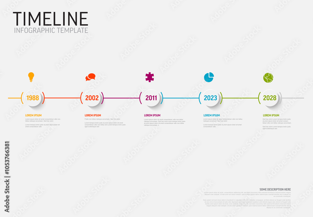 Multipurpose timeline infographic template with five milestones on straight path