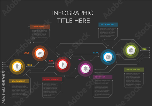 Obraz na płótnie Colorful Circular Infographic Design Timeline Template with six elements icons and years on dark background w salonie