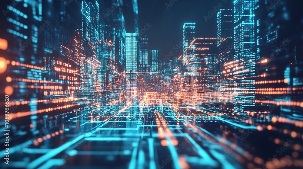 Obraz premium Futuristic Cityscape with Data Flow Visualization