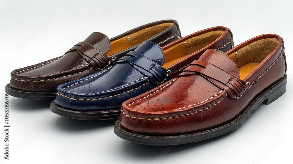 Three Pairs of Leather Loafers in Brown, Blue, and Tan Three Pairs of Leather Loafers in Brown, Blue, and Tan
