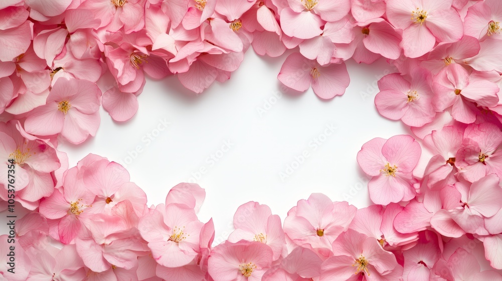 Falling cherry blossom petals form delicate floral frame border over white background. Copy space. AI generated Falling cherry blossom petals form delicate floral frame border over white background. Copy space. AI generated