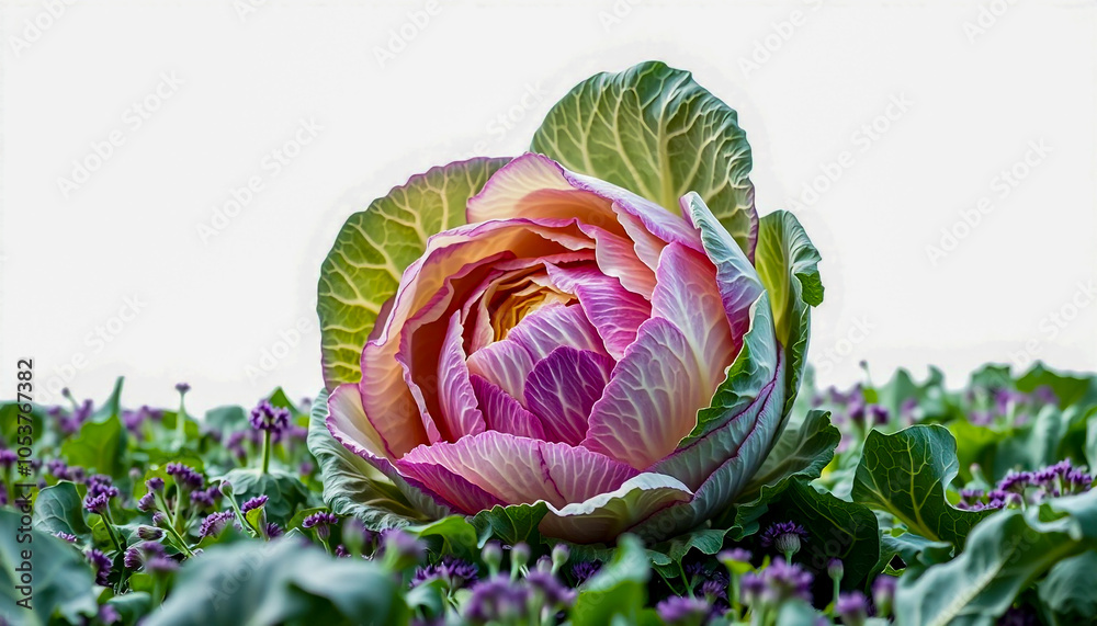 Fototapeta premium Cabbage growing in lush green farmland under sunlight