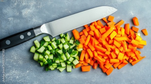 Close up of raw vegetables including chopped carrots and cucumber in contact with a dirty kitchen knife highlighting the risk of cross contamination with a deep depth of field photo