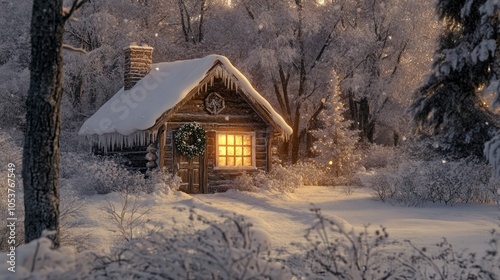 A serene winter wonderland with a frozen pond for ice skaters, tall snow-covered pine trees decorated with ornaments. photo