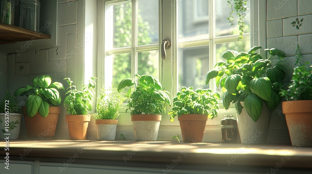 Potted Herbs on a Kitchen Windowsill Basking in Sunlight Potted Herbs on a Kitchen Windowsill Basking in Sunlight