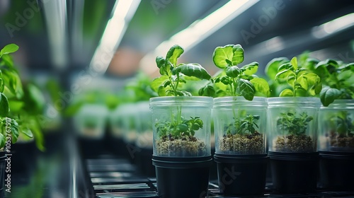 Close Up View of Potted Seedlings and Sprouts Growing in Greenhouse Interior