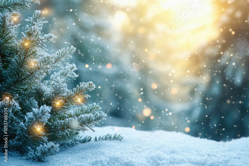 A Christmas tree with lights on it is surrounded by snow. The snow is falling and the tree is lit up, creating a warm and festive atmosphere