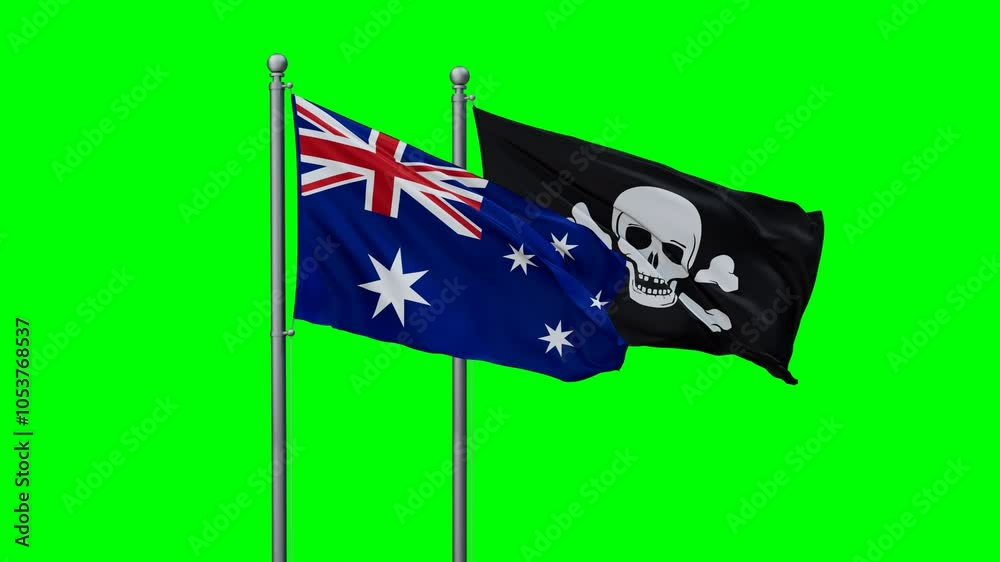 custom made wallpaper toronto digitalAustralia and Jolly Roger or pirate flags flying together, video concept of the relationship with colored chroma key for easy background remove