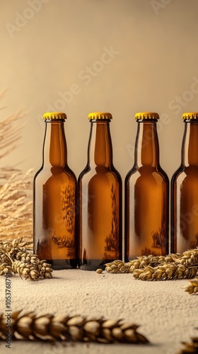 Four brown beer bottles with yellow caps on a beige background, with wheat ears in front photo