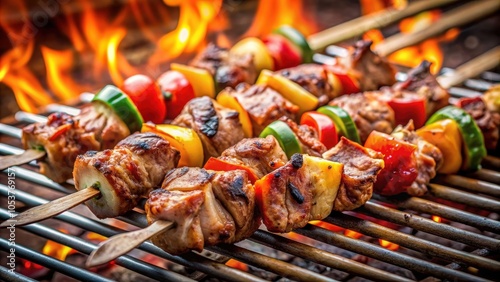 Shish kebab cooking on a skewer over a hot barbecue grill, barbecue, grill, skewer, shish kebab, cooking, food, fire, outdoors photo