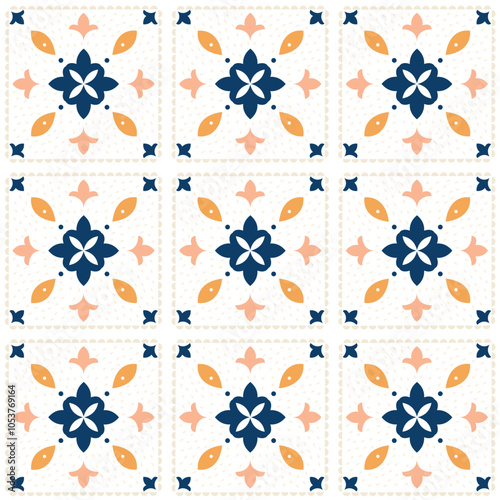 	Seamless vector pattern with ceramic flower tiles in vintage style.