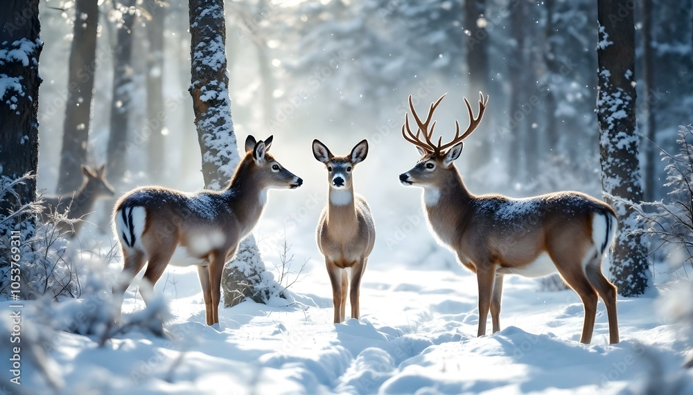 A small group of deer standing quietly in a snowy forest clearing, bathed in soft morning light that highlights their breath against a serene winter landscape A small group of deer standing quietly in a snowy forest clearing, bathed in soft morning light that highlights their breath against a serene winter landscape