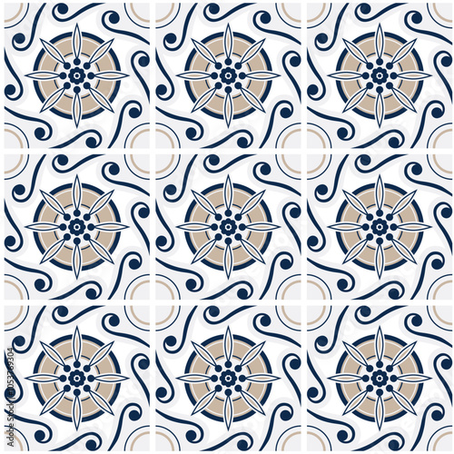 	Seamless vector pattern with ceramic flower tiles in vintage style.