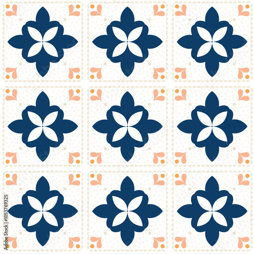 	Seamless vector pattern with ceramic flower tiles in vintage style.