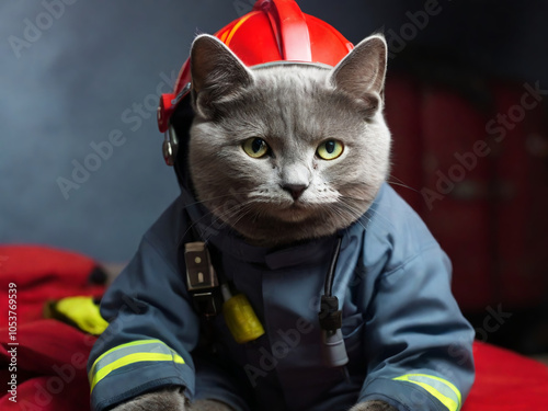 russian blue cat dressed as a fireman and rescuer AI generated