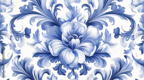 A decorative floral pattern featuring blue and white hues, ideal for textiles or wallpaper.