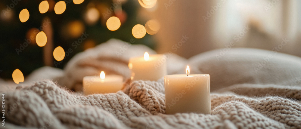 Fototapeta premium Three candles are lit on a bed with a blanket. The candles are lit and the room is dimly lit