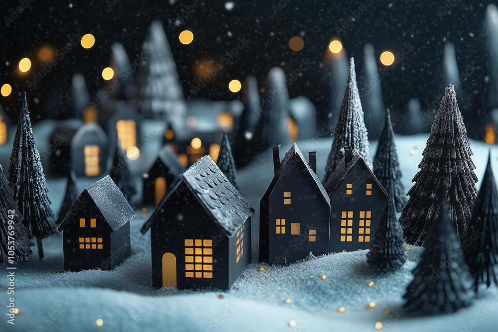 small Christmas village made of paper, with black and golden, a snowy landscape with trees and lights in the background, on a dark background. Christmas card concept small Christmas village made of paper, with black and golden, a snowy landscape with trees and lights in the background, on a dark background. Christmas card concept