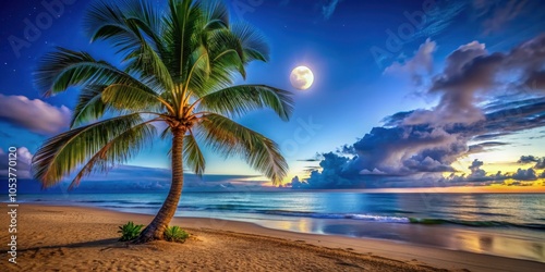 Fototapeta Naklejka Na Ścianę i Meble -  Tropical night beach paradise with palm tree in Hawaii , palm tree, Hawaii, night, beach, tropical, island, vacation, ocean