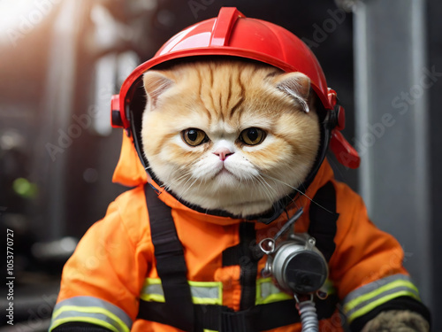 exotic shorthair cat dressed as a fireman and rescuer AI generated