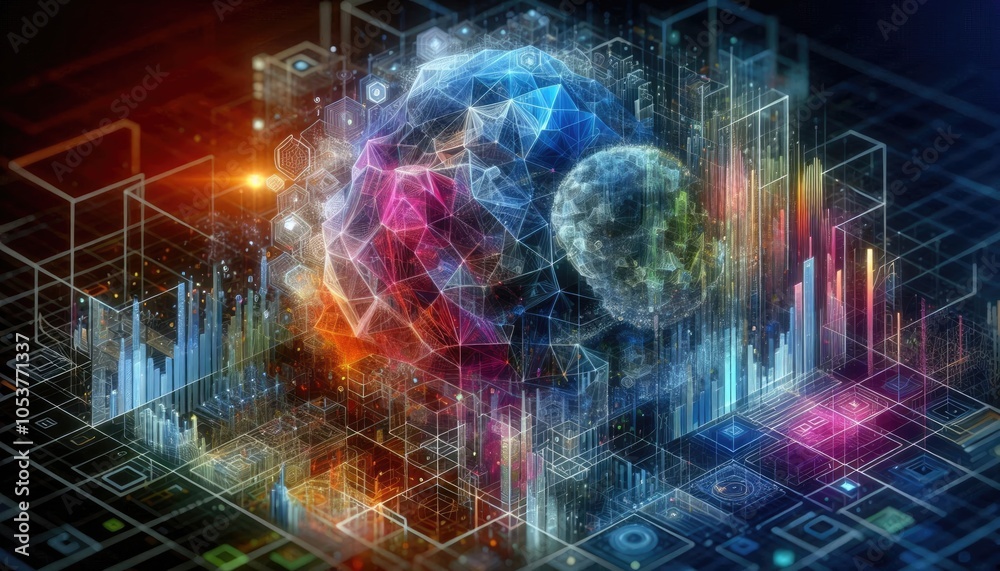 Fototapeta premium 3D Digital Artwork of Machine Learning with Geometric Grids, Abstract Layers, and Data Clusters, Emphasizing AI Algorithms and Intelligent Computing