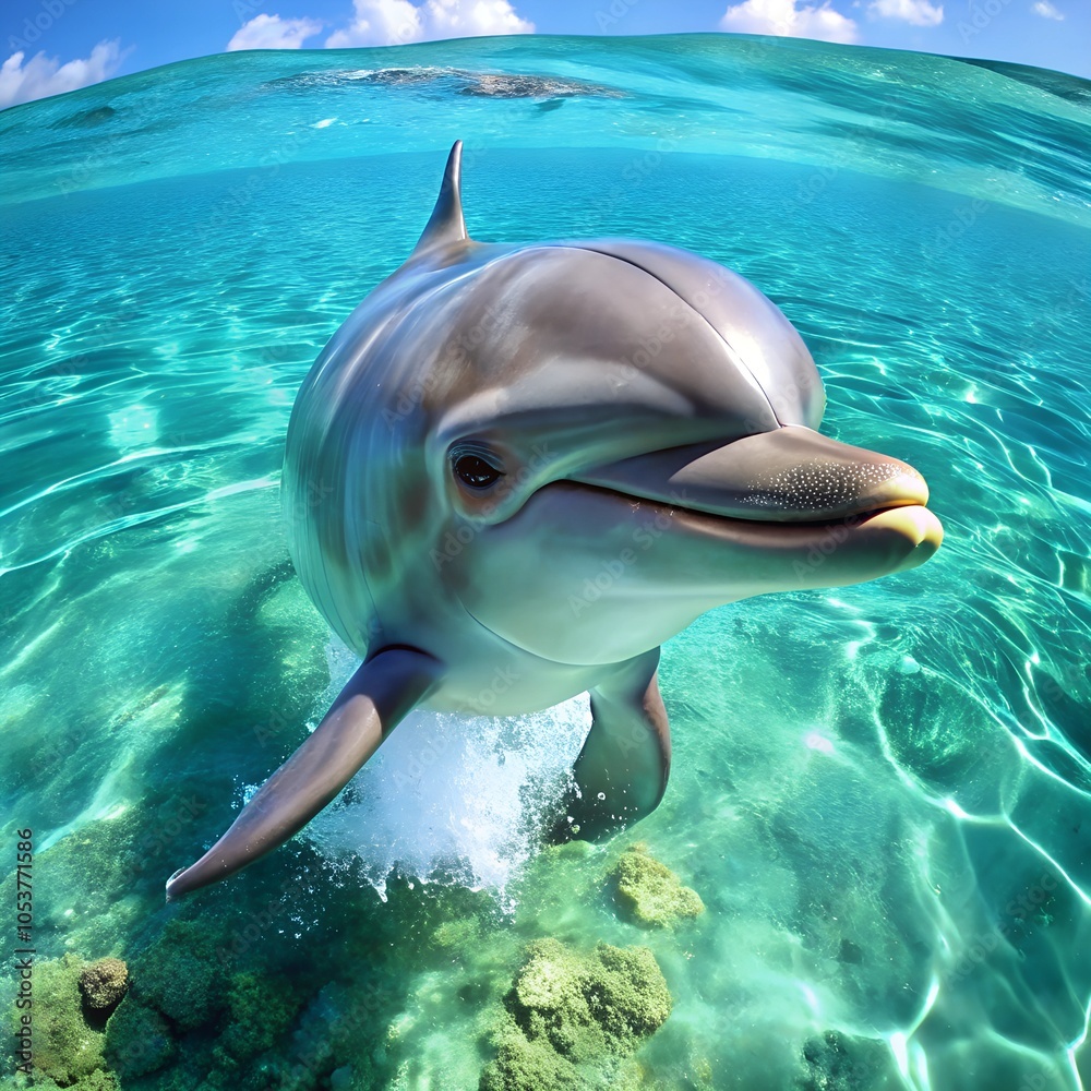 Obraz premium A curious swimming dolphin in the clear sea water