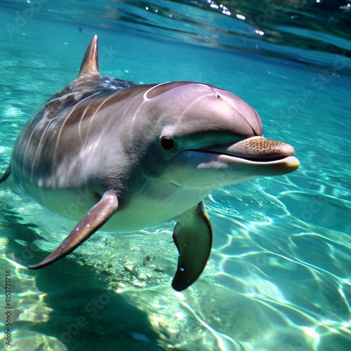 Wallpaper Mural A curious swimming dolphin in the clear sea water Torontodigital.ca