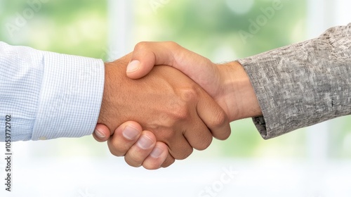 A military soldier and an office worker shake hands symbolizing unity and cooperation in a professional environment