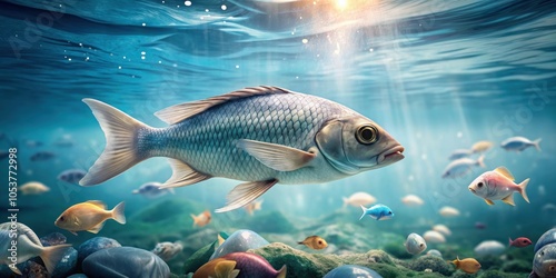 Plastic fish floating in polluted water, symbolizing ocean pollution and eco awareness , plastic, fish, debris, pollution